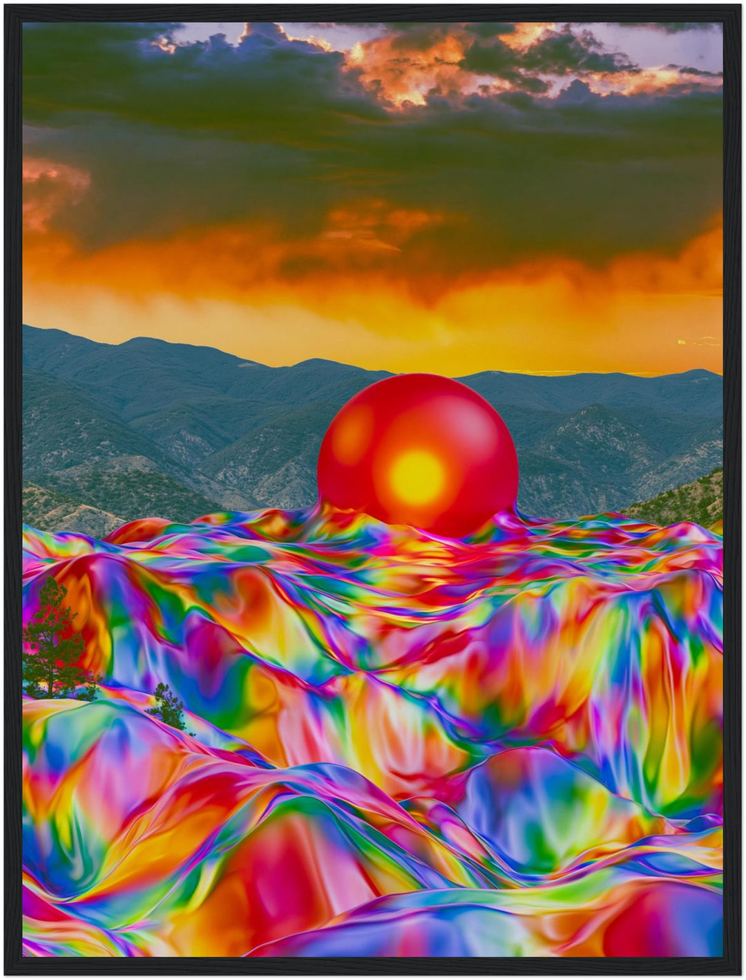 Psychedelischer Sonnenuntergang mit Kugel Poster – Schwarzer Rahmen – Produktfoto