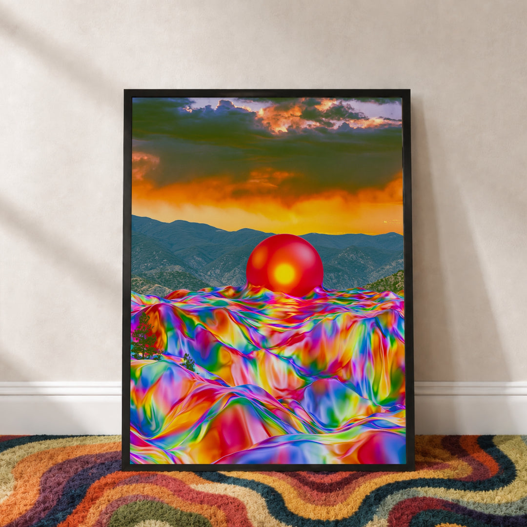 Psychedelischer Sonnenuntergang mit Kugel Poster – Schwarzer Rahmen – Produktfoto