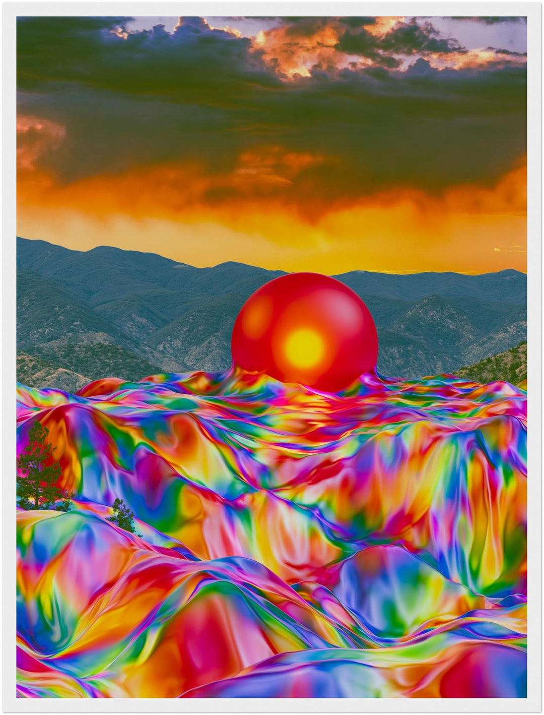 Psychedelischer Sonnenuntergang mit Kugel Poster – Weißer Rahmen – Produktfoto