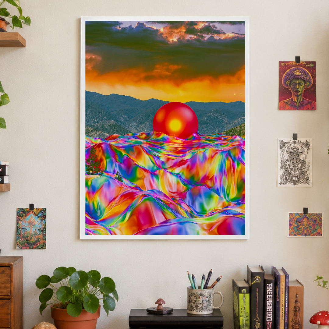 Psychedelischer Sonnenuntergang mit Kugel Poster – Weißer Rahmen – Produktfoto
