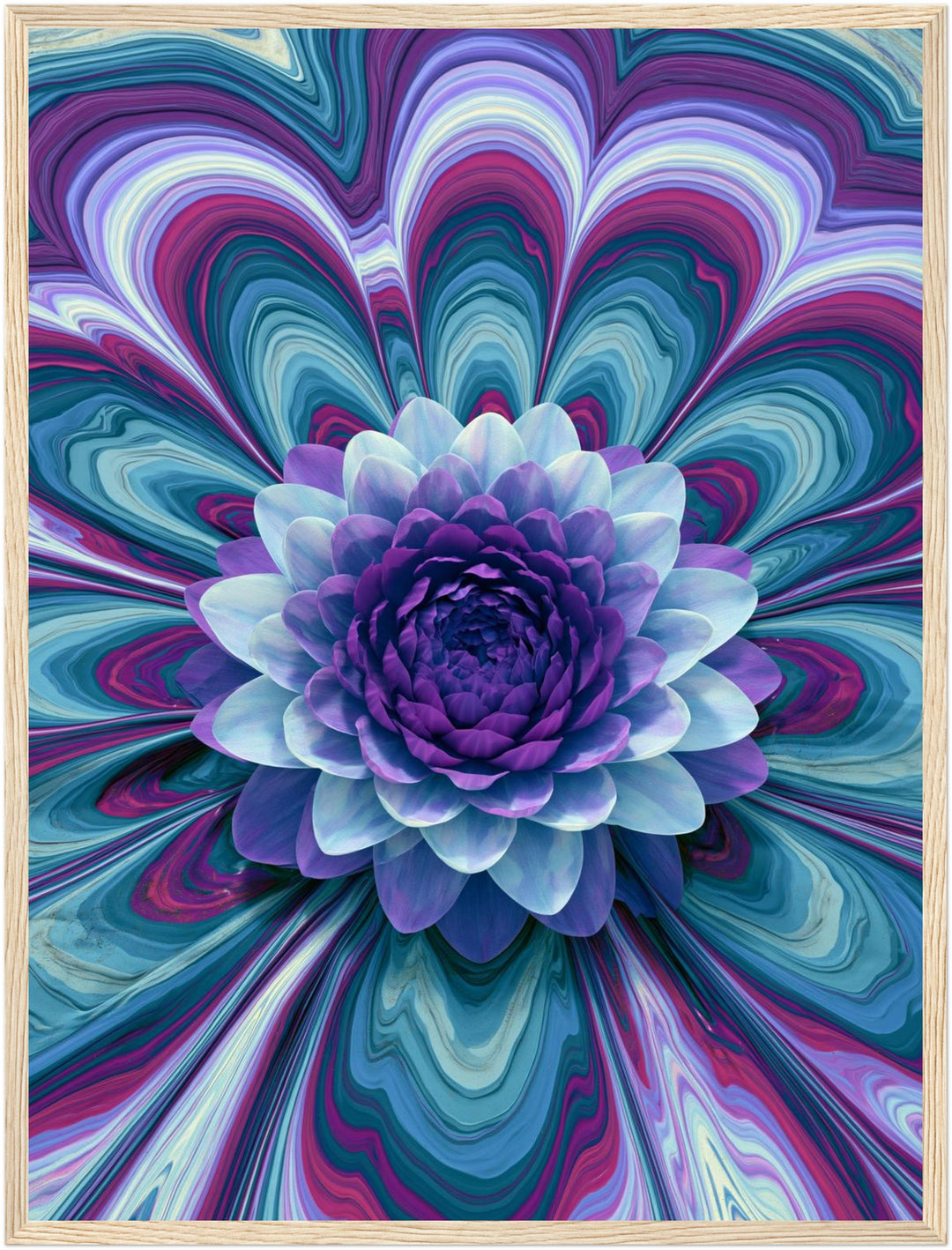 Psychedelische Lotusblüte lila Poster – Holz natur Rahmen – Produktfoto
