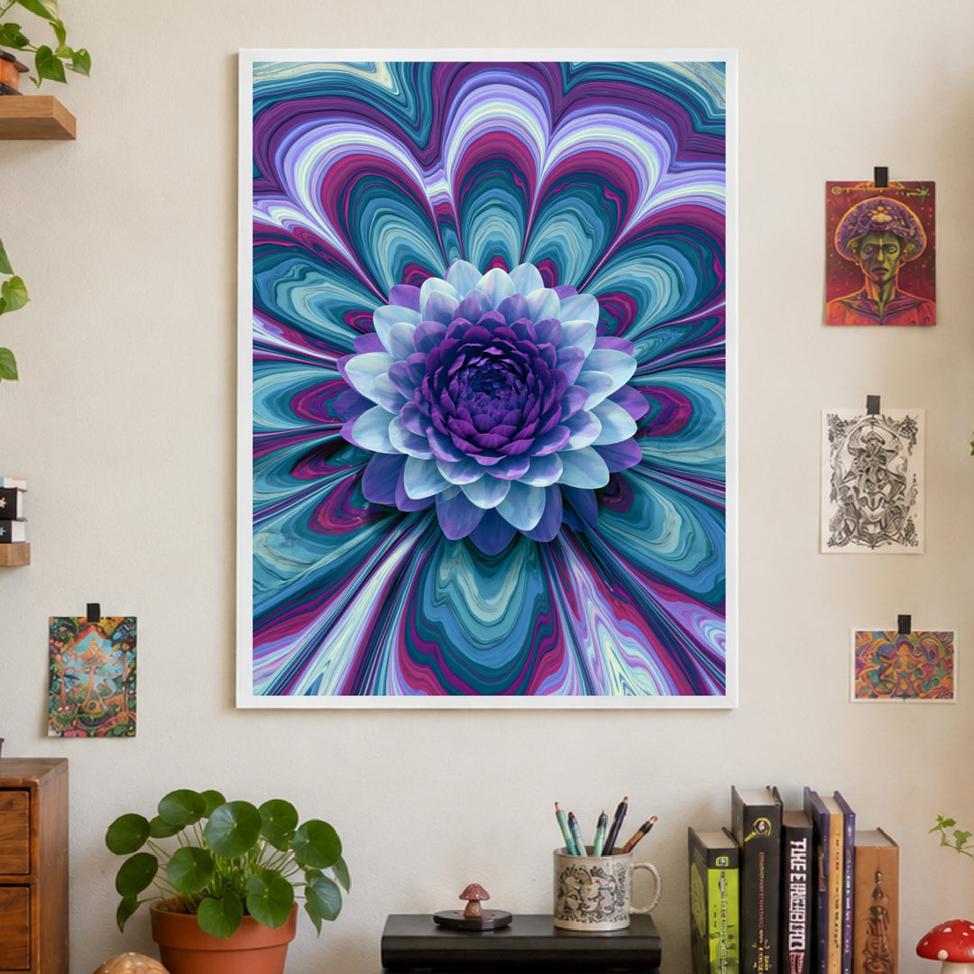 Psychedelische Lotusblüte lila Poster – Weißer Rahmen – Produktfoto