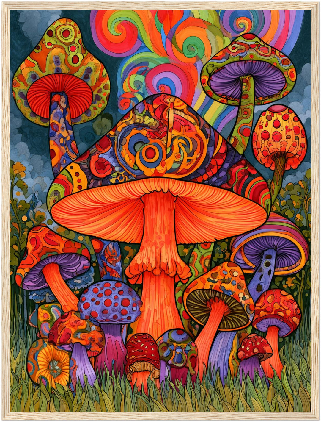 Psychedelischer Pilzwald Poster – Holz natur Rahmen – Produktfoto