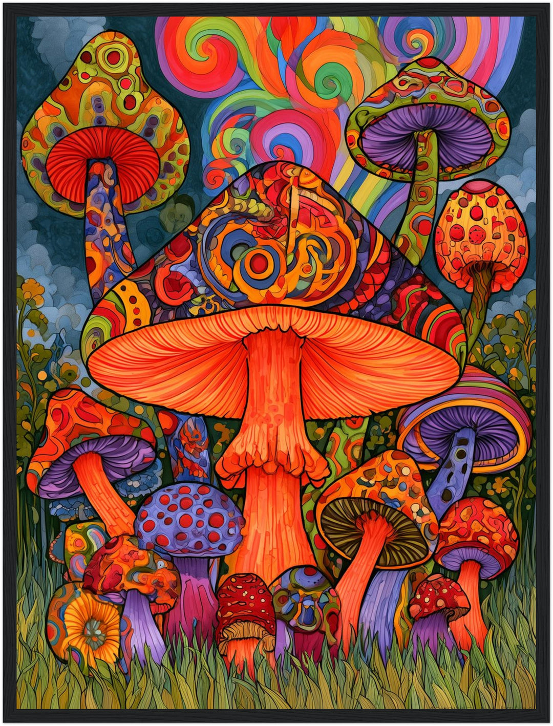 Psychedelischer Pilzwald Poster – Schwarzer Rahmen – Produktfoto