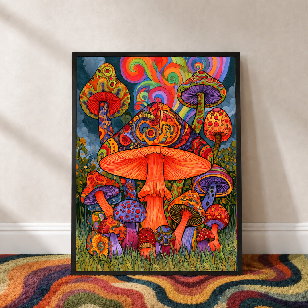 Psychedelischer Pilzwald Poster – Schwarzer Rahmen – Produktfoto