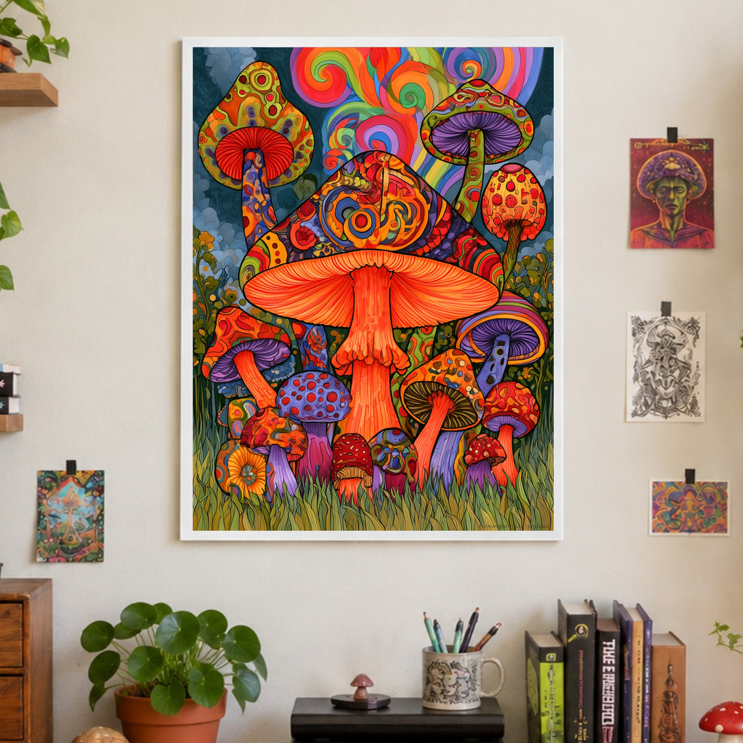 Psychedelischer Pilzwald Poster – Weißer Rahmen – Produktfoto