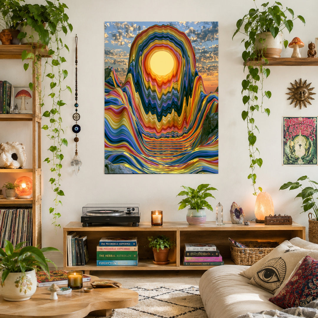 Psychedelischer Sonnenuntergang in Wellen Leinwandbild – Ohne Rahmen – Produktfoto