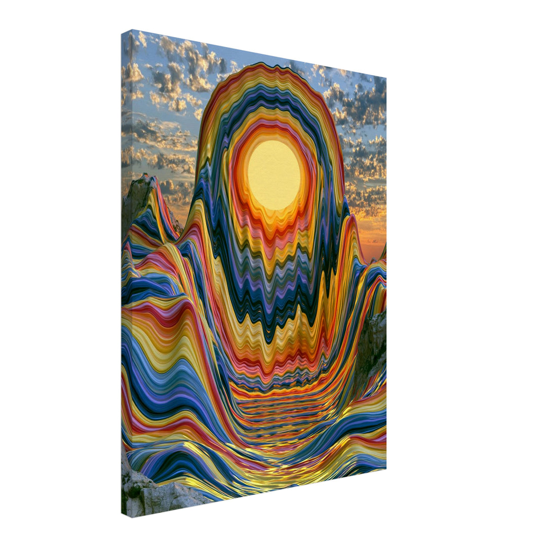 Psychedelischer Sonnenuntergang in Wellen Leinwandbild – Schräge Ansicht – Produktfoto