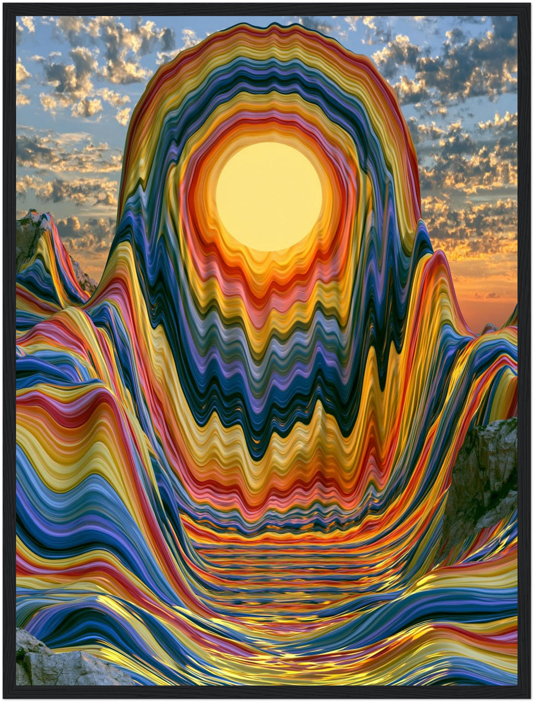 Psychedelischer Sonnenuntergang in Wellen Poster – Schwarzer Rahmen – Produktfoto