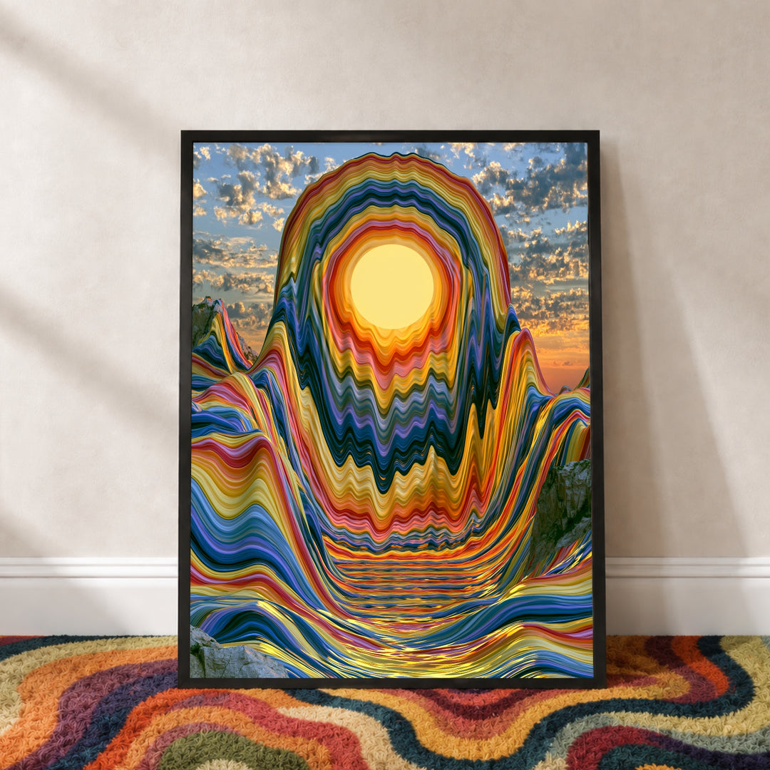 Psychedelischer Sonnenuntergang in Wellen Poster – Schwarzer Rahmen – Produktfoto