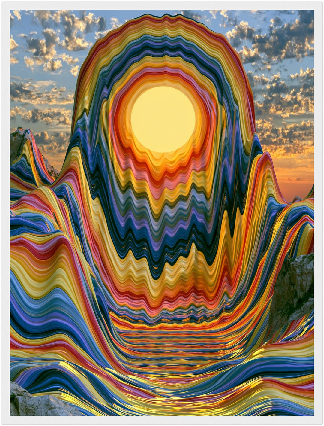 Psychedelischer Sonnenuntergang in Wellen Poster – Weißer Rahmen – Produktfoto