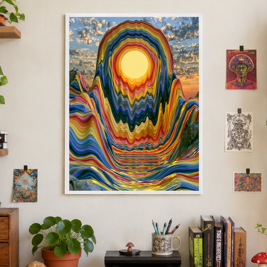 Psychedelischer Sonnenuntergang in Wellen Poster – Weißer Rahmen – Produktfoto