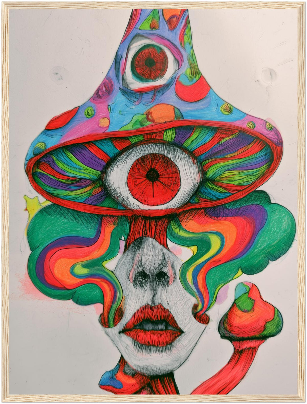 Psychedelischer Pilz-Blick Poster – Holz natur Rahmen – Produktfoto