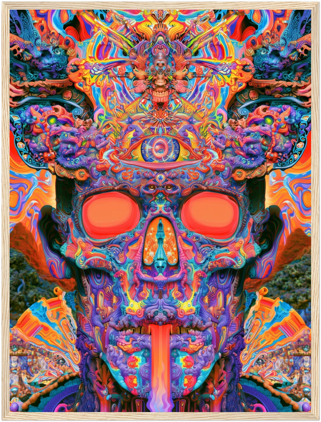 Psychedelischer Schädel mit drittem Auge Poster – Holz natur Rahmen – Produktfoto