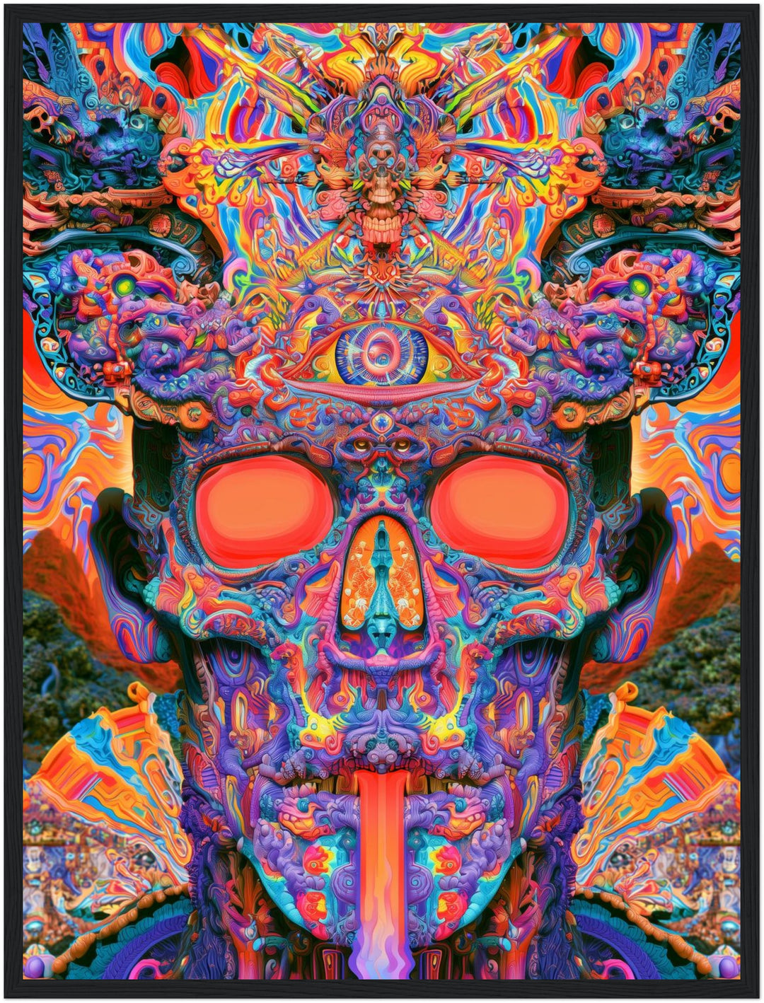 Psychedelischer Schädel mit drittem Auge Poster – Schwarzer Rahmen – Produktfoto