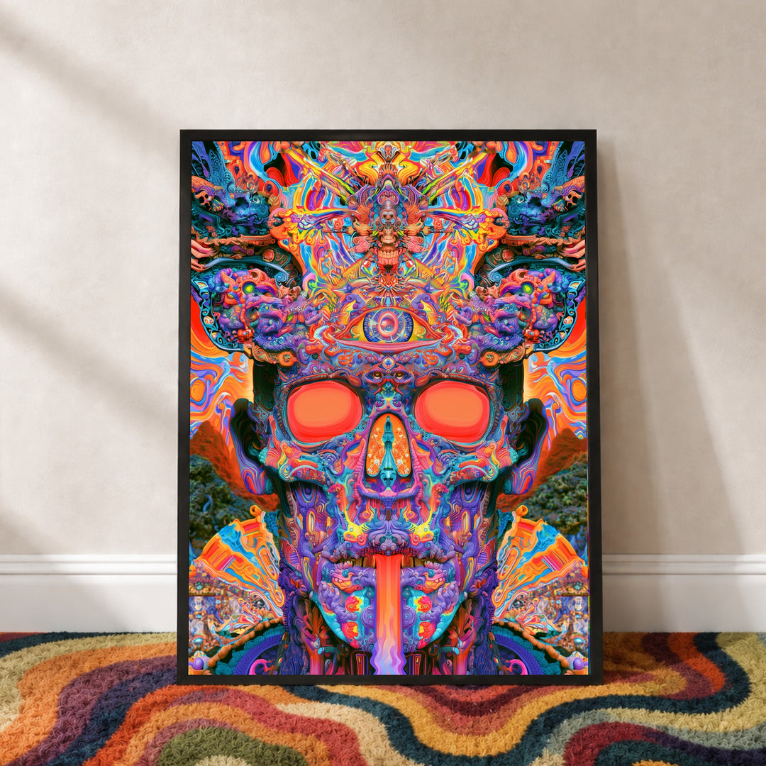 Psychedelischer Schädel mit drittem Auge Poster – Schwarzer Rahmen – Produktfoto