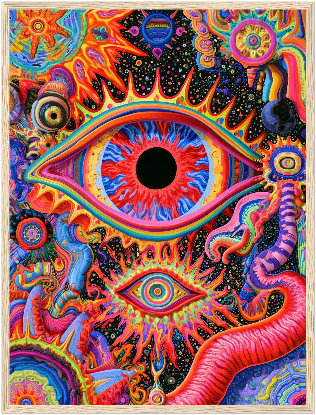 Buntes Auge mit Wimpernkranz Poster – Holz natur Rahmen – Produktfoto