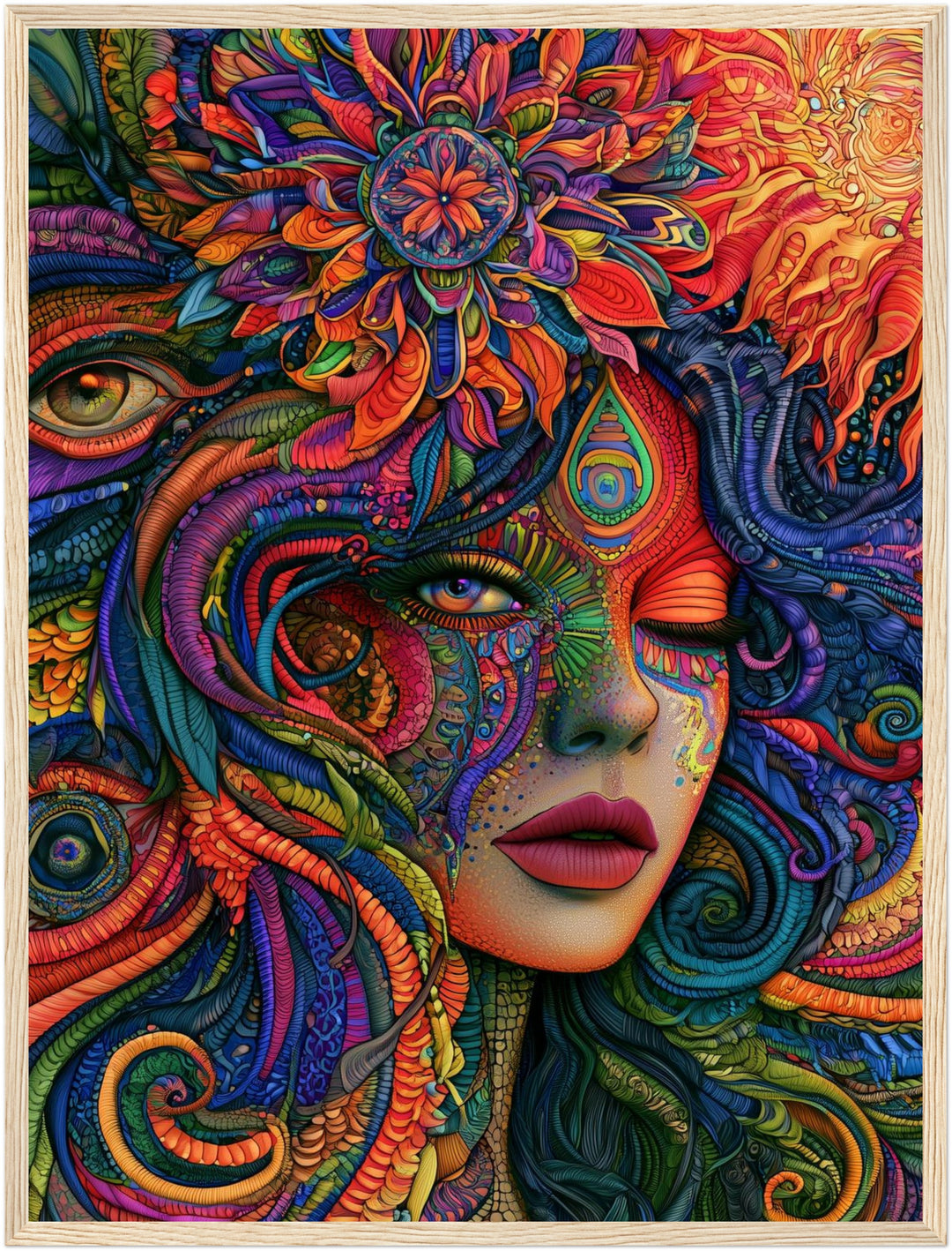 Psychedelische Göttin der Farben Poster – Holz natur Rahmen – Produktfoto