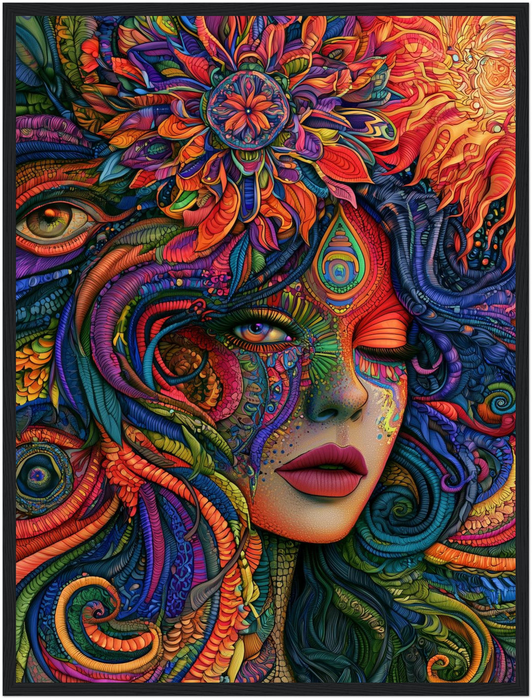 Psychedelische Göttin der Farben Poster – Schwarzer Rahmen – Produktfoto