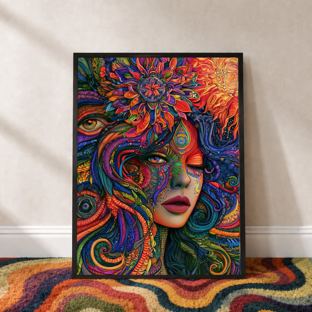 Psychedelische Göttin der Farben Poster – Schwarzer Rahmen – Produktfoto