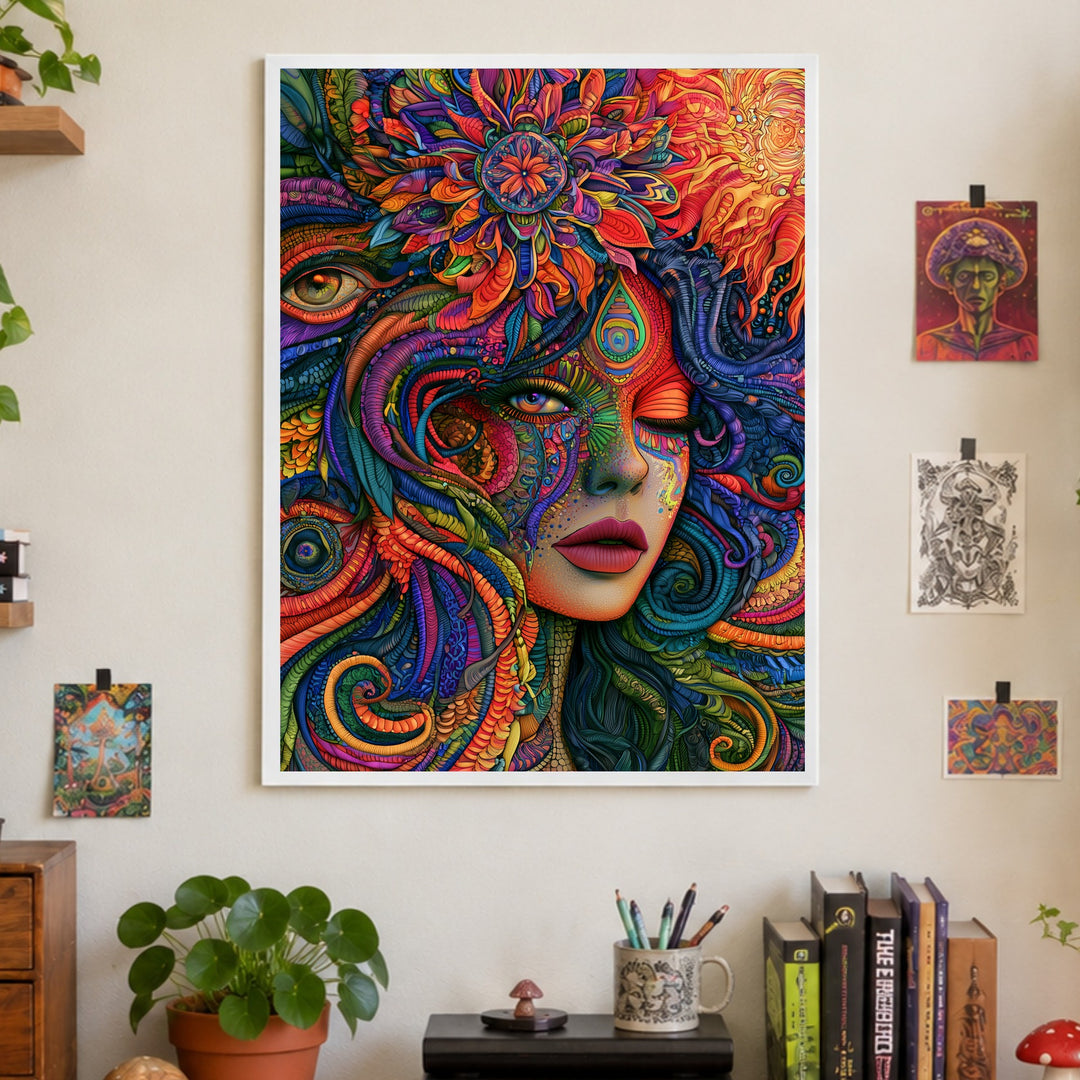 Psychedelische Göttin der Farben Poster – Weißer Rahmen – Produktfoto
