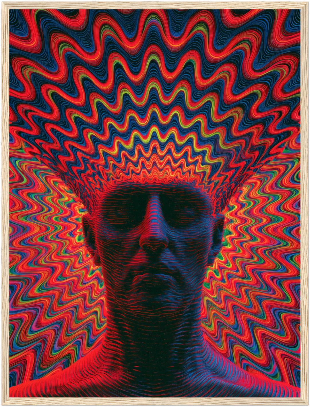 Psychedelischer Kopf in Wellen Poster – Holz natur Rahmen – Produktfoto