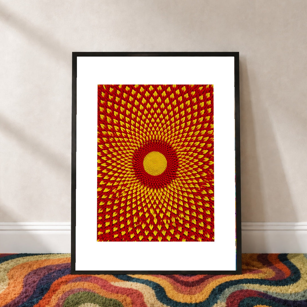 Goldenes Blütenrad psychedelisch Poster – Schwarzer Rahmen – Produktfoto