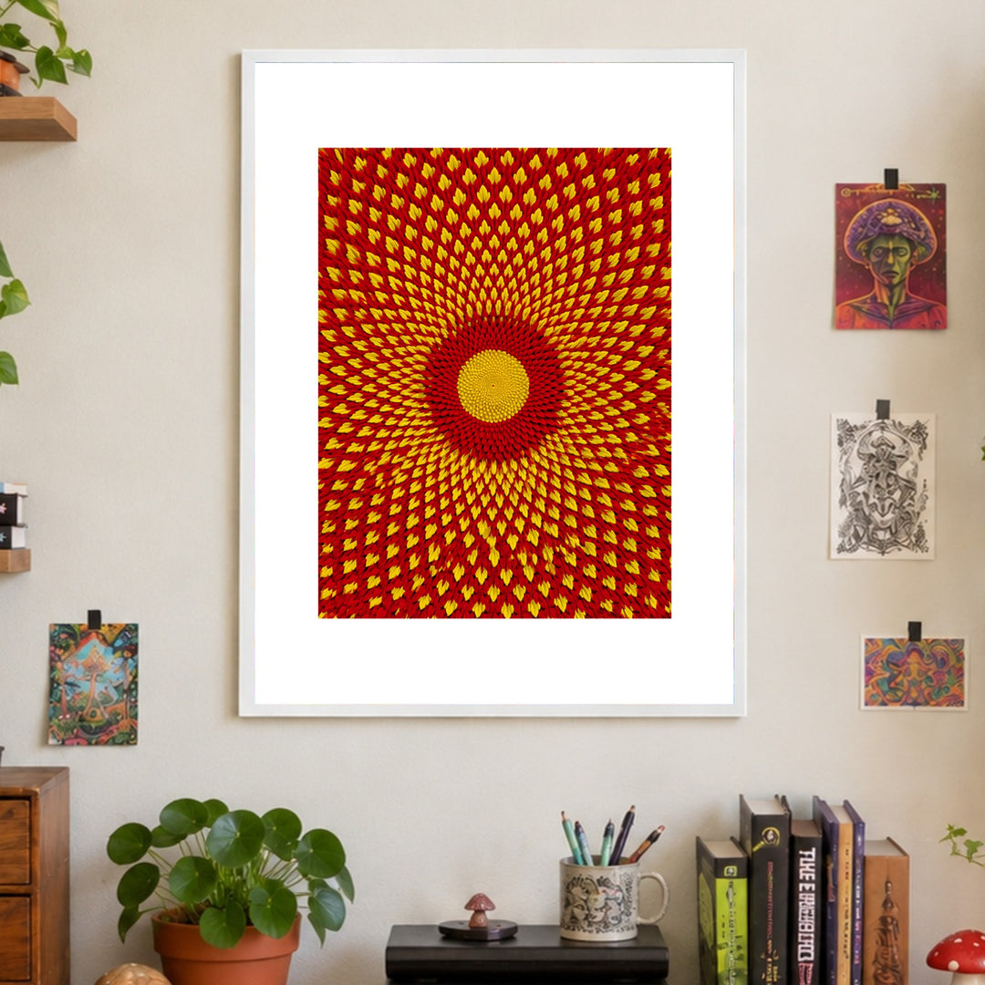 Goldenes Blütenrad psychedelisch Poster – Weißer Rahmen – Produktfoto