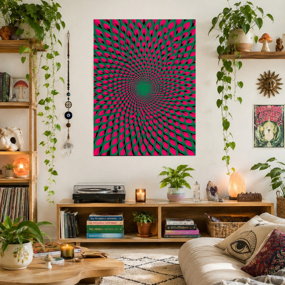 Psychedelischer Blütenwirbel Poster – Zimmerszene