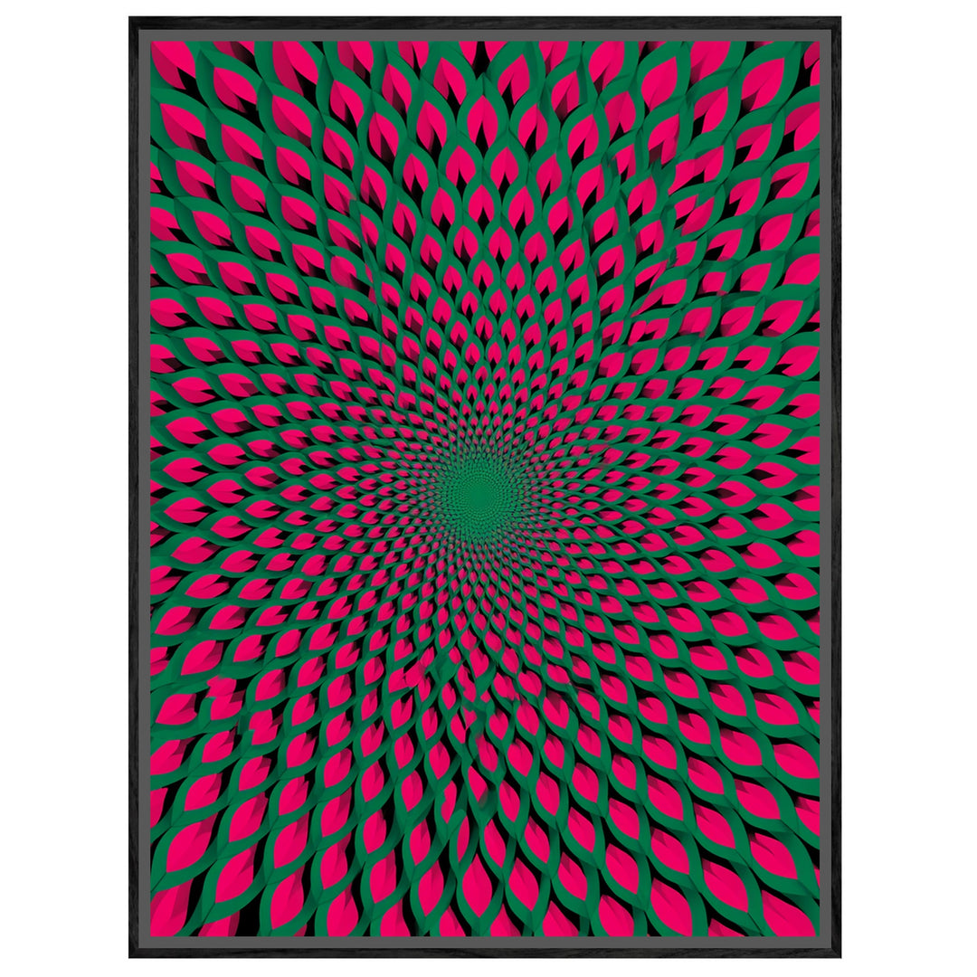 Psychedelischer Blütenwirbel Leinwandbild – Schwarzer Rahmen – Wohnzimmer Mockup