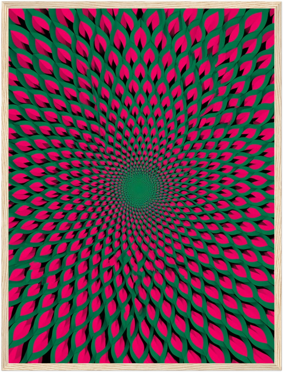 Psychedelischer Blütenwirbel Poster – Holz natur Rahmen – Wohnzimmer Mockup
