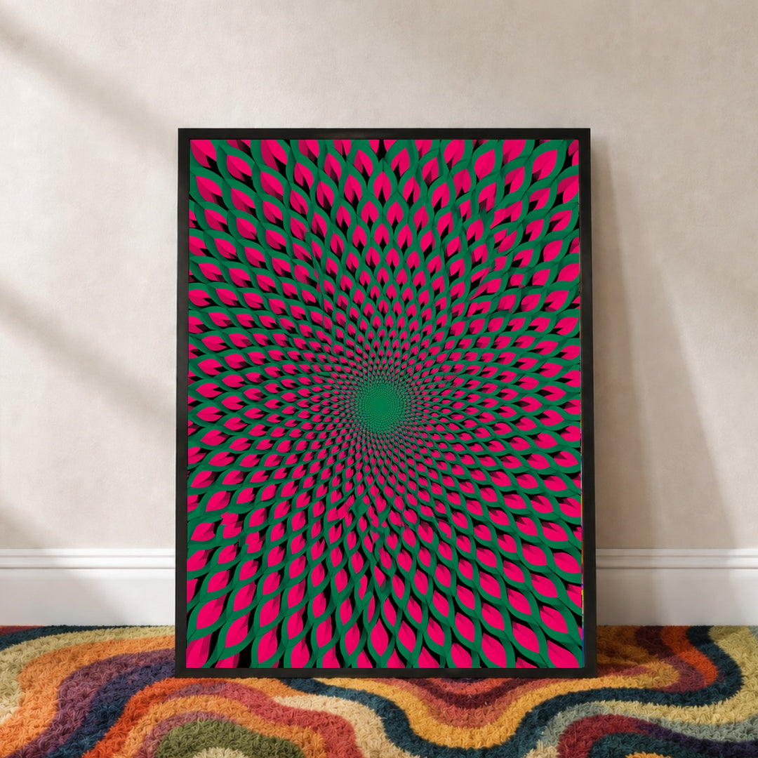 Psychedelischer Blütenwirbel Poster – Schwarzer Rahmen – Wohnzimmer Mockup