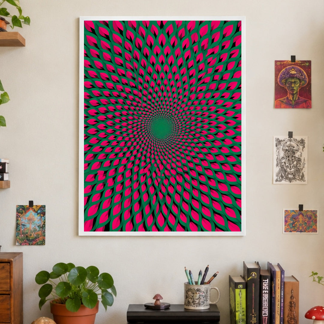 Psychedelischer Blütenwirbel Poster – Weißer Rahmen – Wohnzimmer Mockup