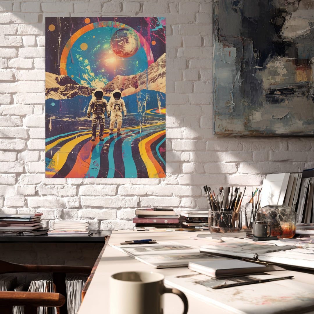 Astronauten vor Planetenkulisse Leinwandbild Psychedelic – Leinwand auf Holzrahmen – Ansicht 3