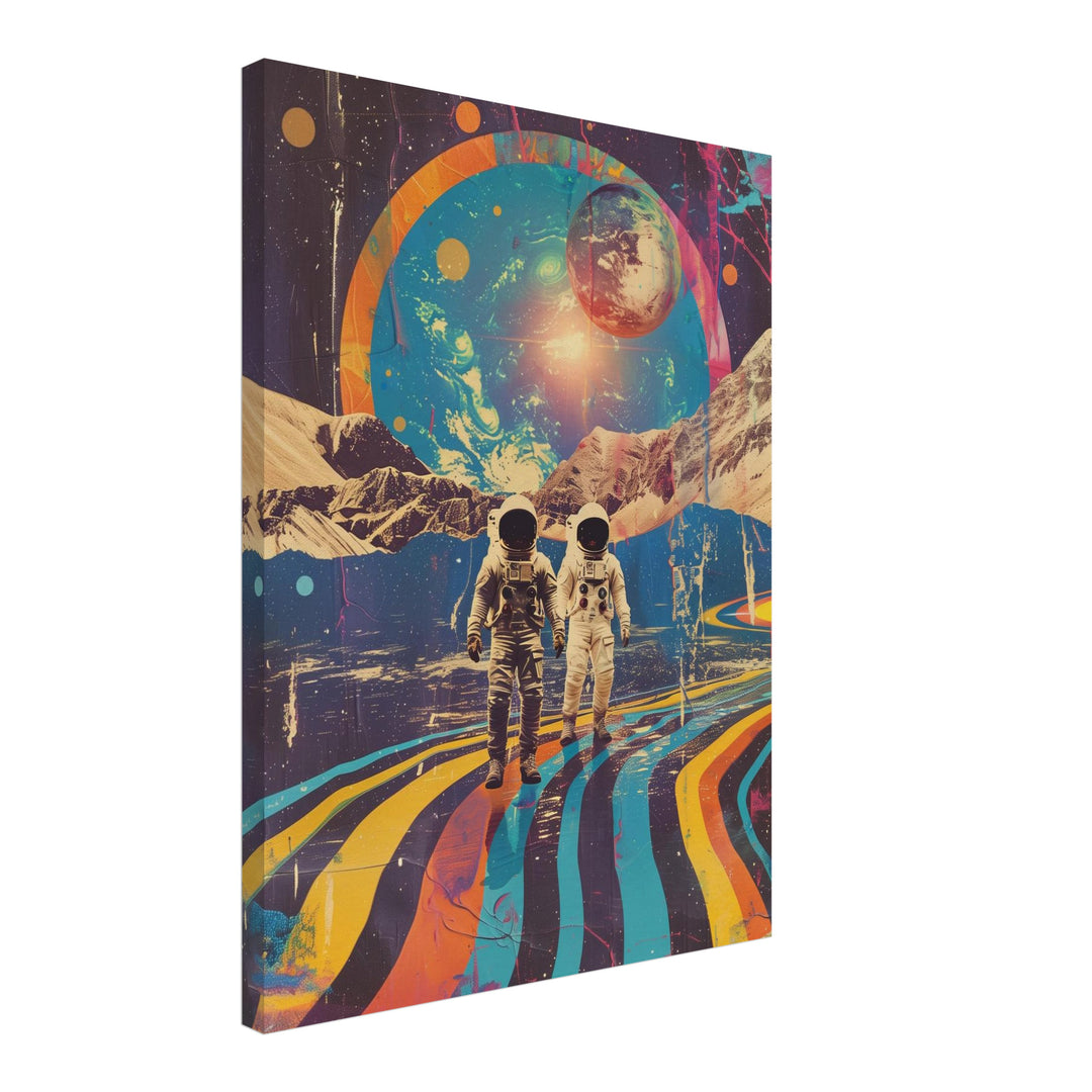 Astronauten vor Planetenkulisse Leinwandbild Psychedelic – Leinwand auf Holzrahmen – Ansicht 2