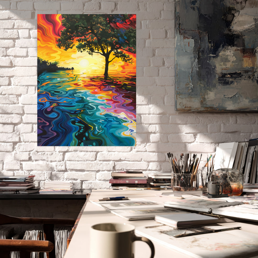 Baum am Sonnenuntergangssee Leinwandbild Psychedelic – Leinwand auf Holzrahmen – Ansicht 3