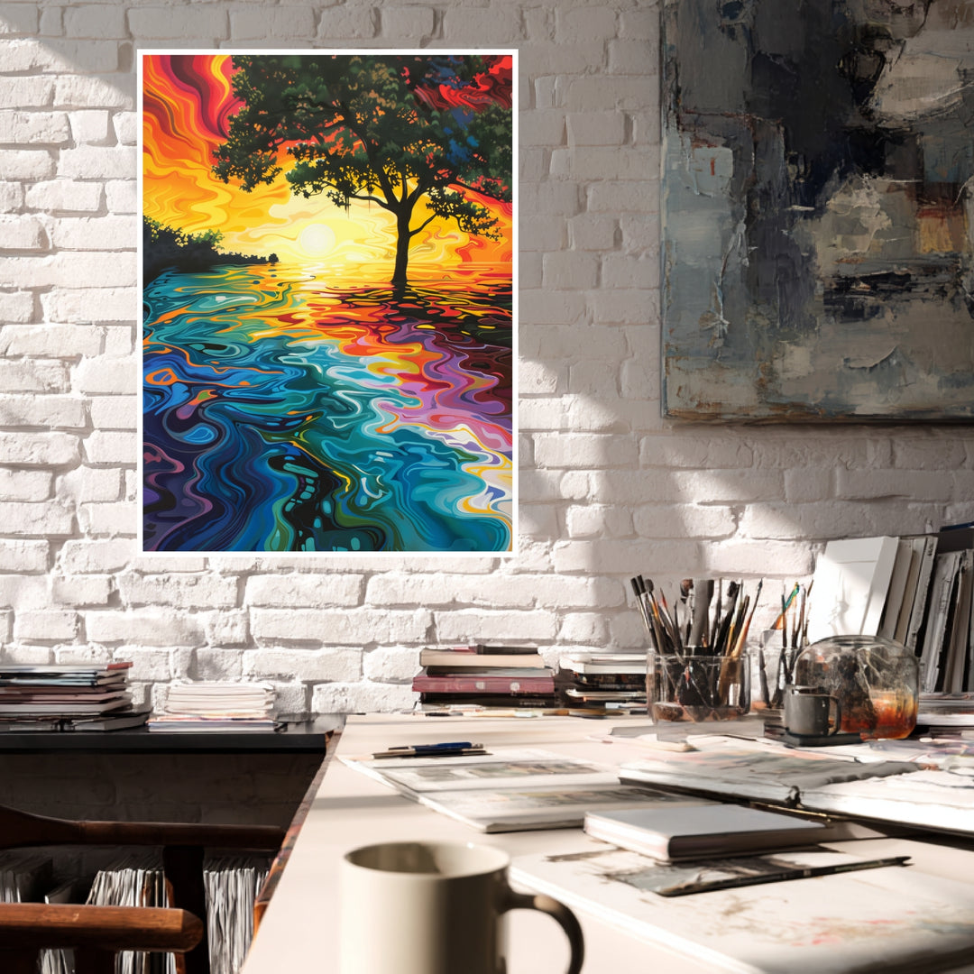 Baum am Sonnenuntergangssee Poster Psychedelic – mattes Kunstdruck-Papier – Ansicht 4