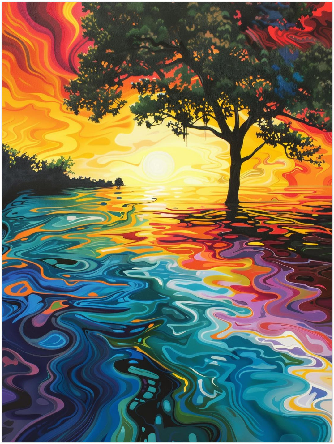Baum am Sonnenuntergangssee Psychedelic – Wandkunst