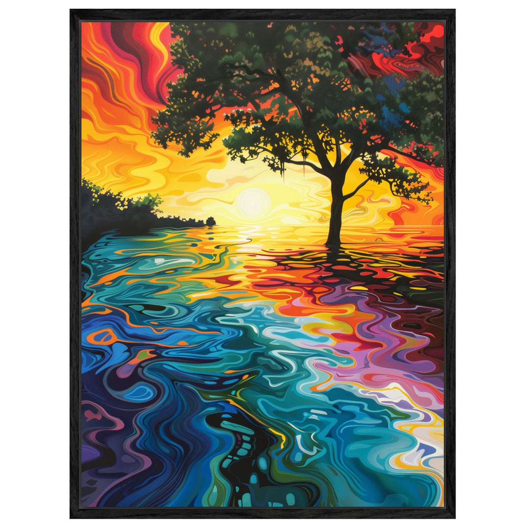 Baum am Sonnenuntergangssee Leinwandbild Psychedelic – Leinwand auf Holzrahmen – Ansicht 4