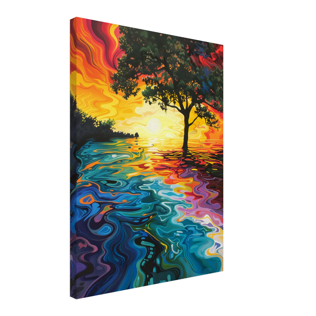 Baum am Sonnenuntergangssee Leinwandbild Psychedelic – Leinwand auf Holzrahmen – Ansicht 2