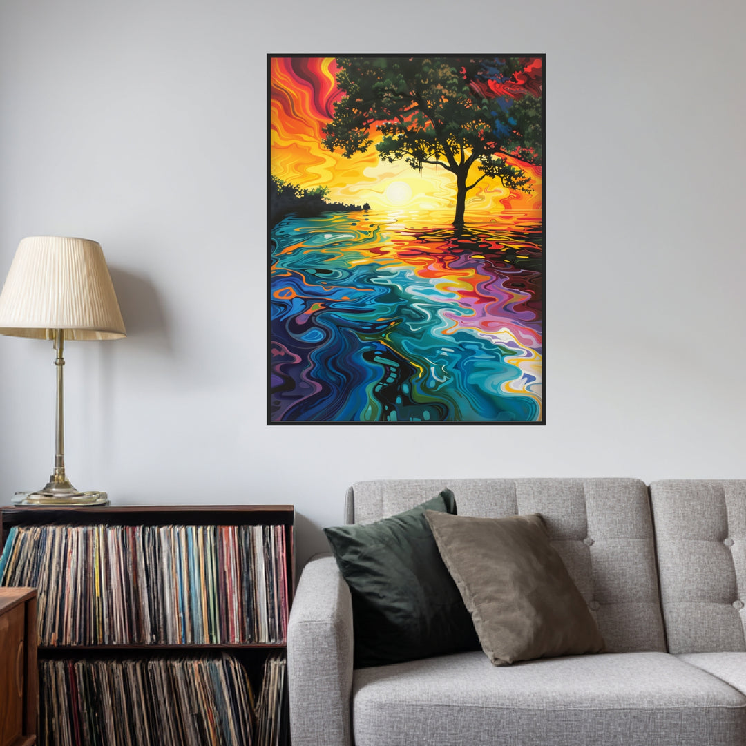 Baum am Sonnenuntergangssee Poster Psychedelic – mattes Kunstdruck-Papier – Ansicht 3