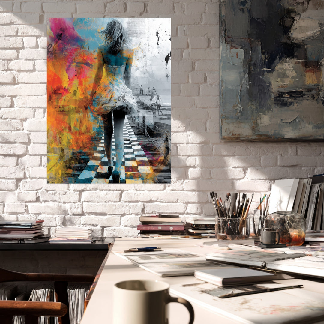 Bunte surrealistische Strandfrau Leinwandbild Psychedelic – Leinwand auf Holzrahmen – Ansicht 3
