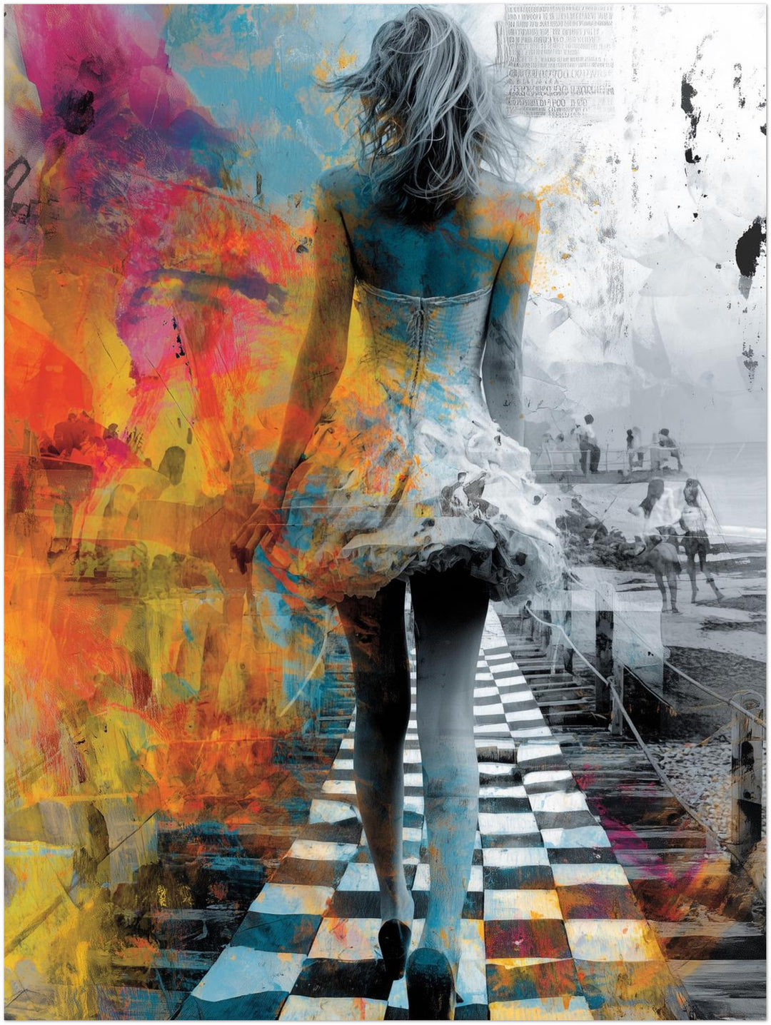 Bunte surrealistische Strandfrau Psychedelic – Wandkunst