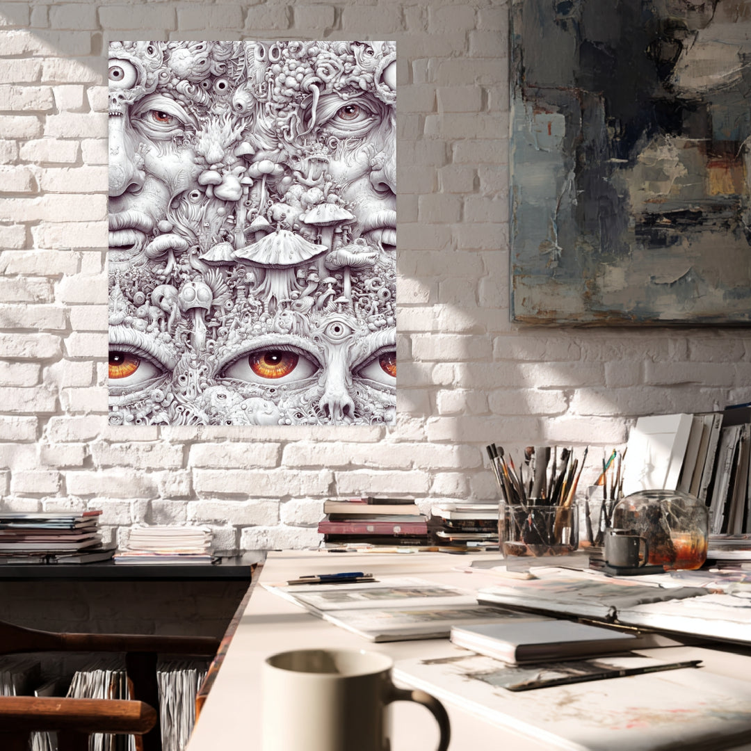 Gesicht aus Pilzen und Augen Leinwandbild Psychedelic – Leinwand auf Holzrahmen – Ansicht 3