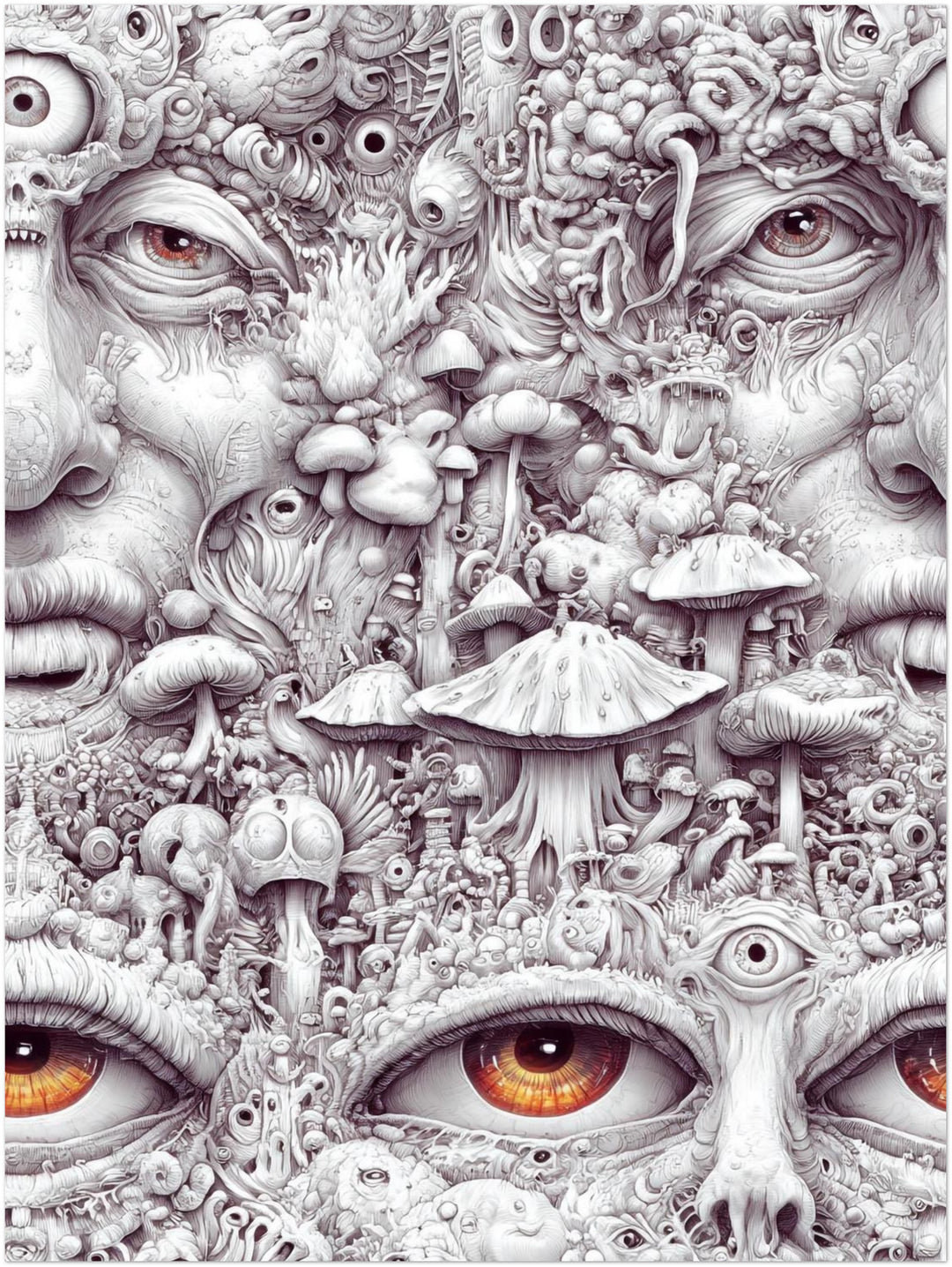 Gesicht aus Pilzen und Augen Psychedelic – Wandkunst