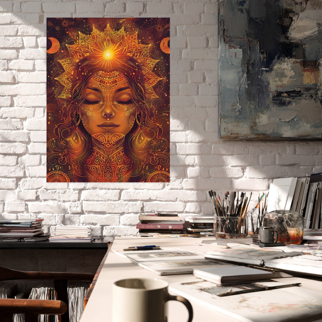 Goldenes spirituelles Sonnenportrait Leinwandbild Psychedelic – Leinwand auf Holzrahmen – Ansicht 3