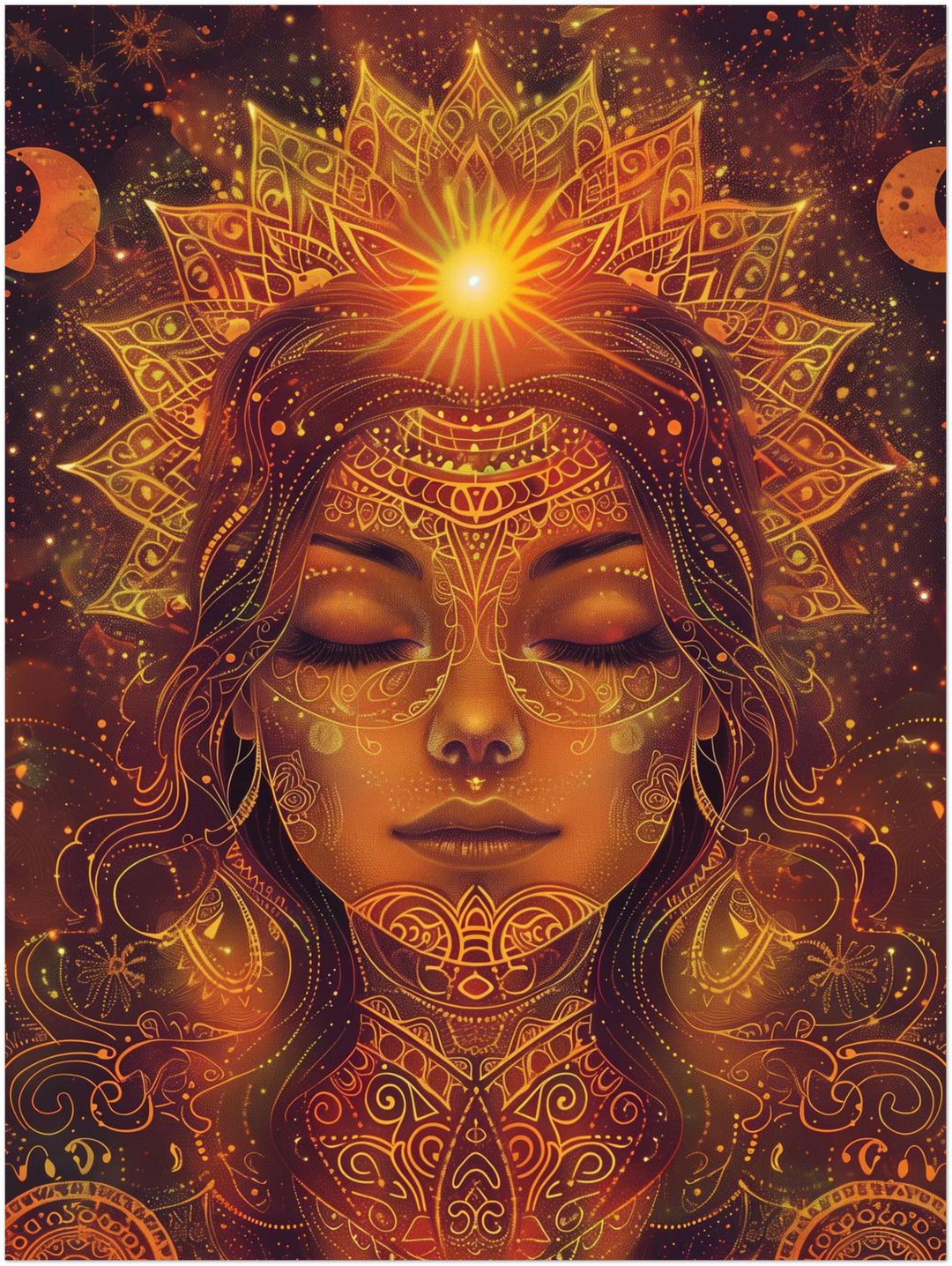 Goldenes spirituelles Sonnenportrait Psychedelic – Wandkunst