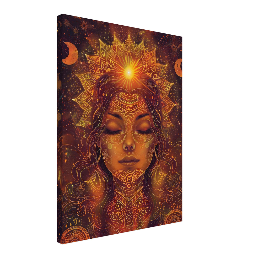 Goldenes spirituelles Sonnenportrait Leinwandbild Psychedelic – Leinwand auf Holzrahmen – Ansicht 2
