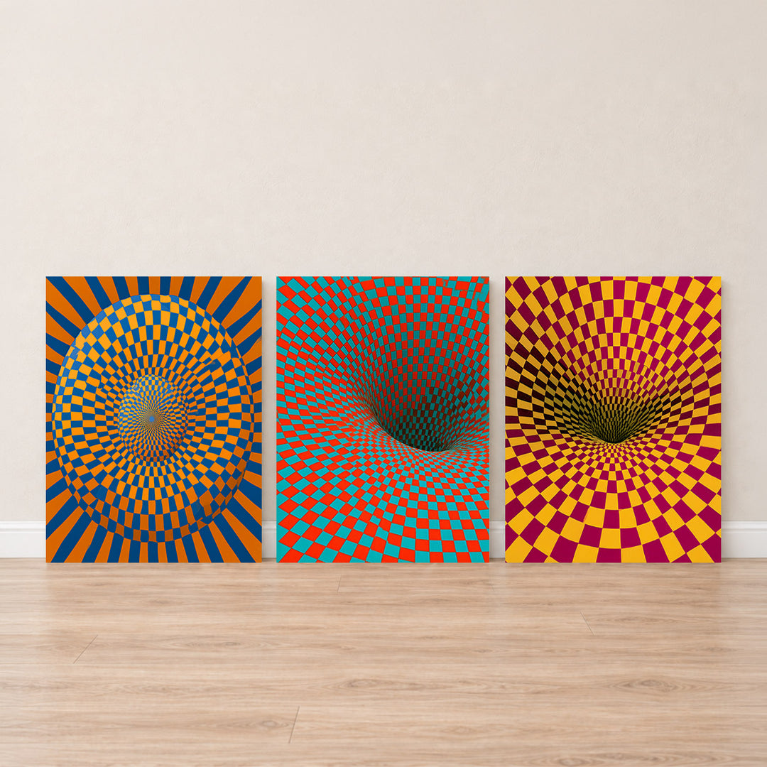 Set-Ansicht: Psychedelic Leinwand Set – Spirale & Schachbrett (3er)