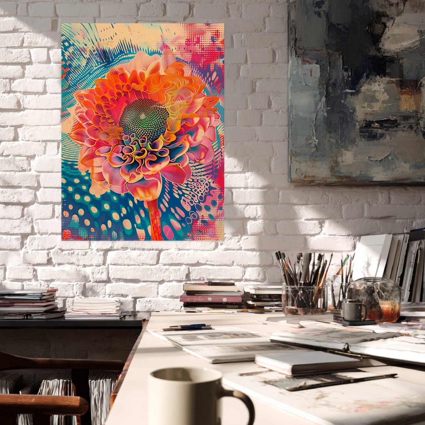 Leuchtende Blume mit Farbwirbeln Poster